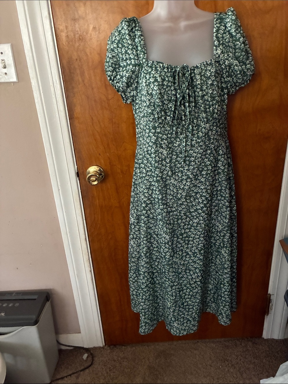 Green Floral Puff Sleeve Midi Dress with Tie Front